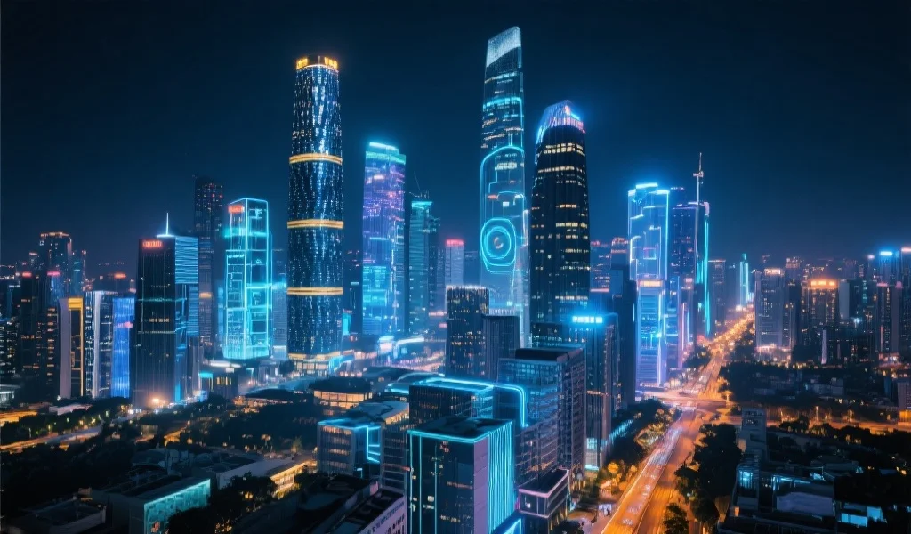 亚洲都市夜景,灯光璀璨,现代高楼与数字科技元素交融,象征创新与活力