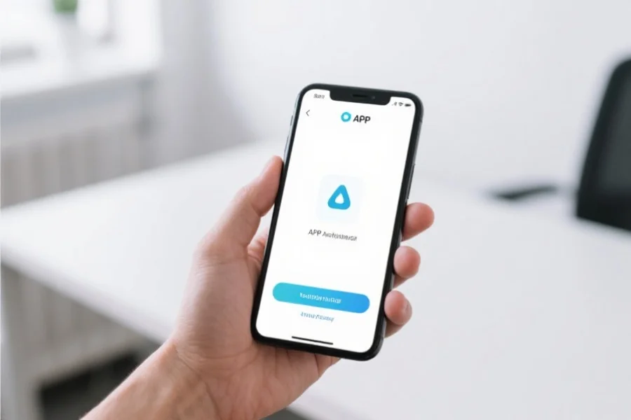 一只手握持手机，屏幕显示APP安装界面，背景为简洁办公桌，体现操作简明流畅